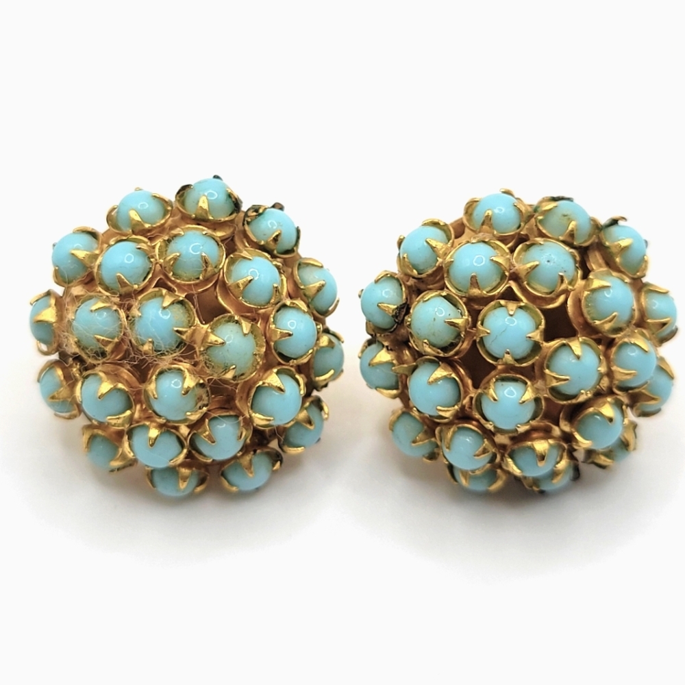 VTG Sandor Earrings: Gold Tone & Faux Turquoise Prong-Set Beads | SIGNED